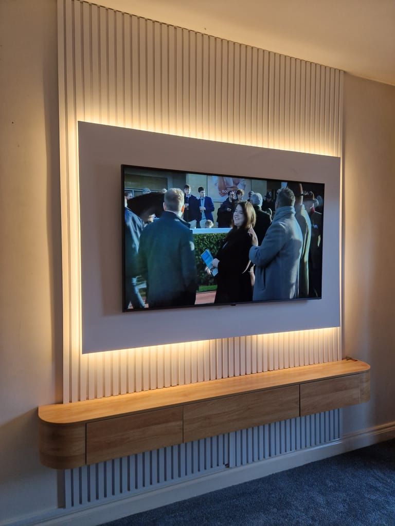 TV recessed in modern fluted wall panel